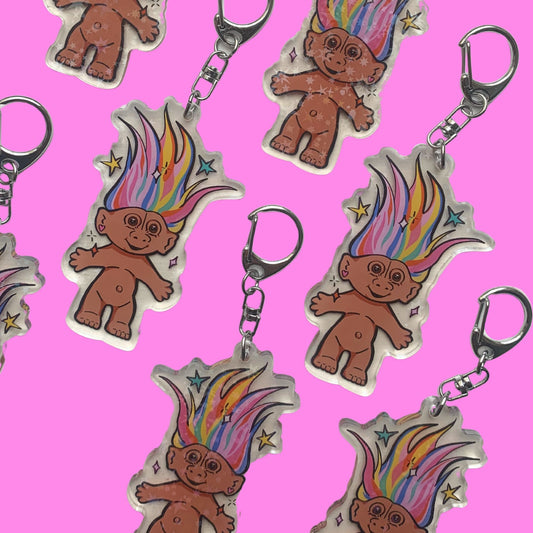 TROLL DOLL KEYRING with Holographic Stars | 90s Nostalgia Keychain | Illustrated Acrylic Charm | Bag Purse Clip Lanyard Accessories